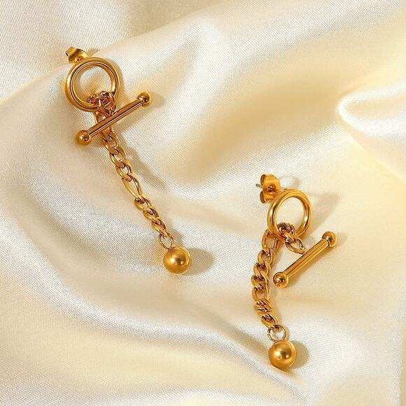 T Bar Detachable Ball Pendant Chain Earrings 18K‎ Gold Plated Stainless Steel - Picture 8 of 9